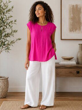 Modern Works Hot Pink Pleated Blouse Relaxed Oversized Top Size S